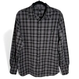 John Varvatos USA Mens Button Up Shirt Gray Black Plaid Long Sleeve Cotton Large